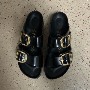 Black Leather and Gold Buckle Birkenstocks
